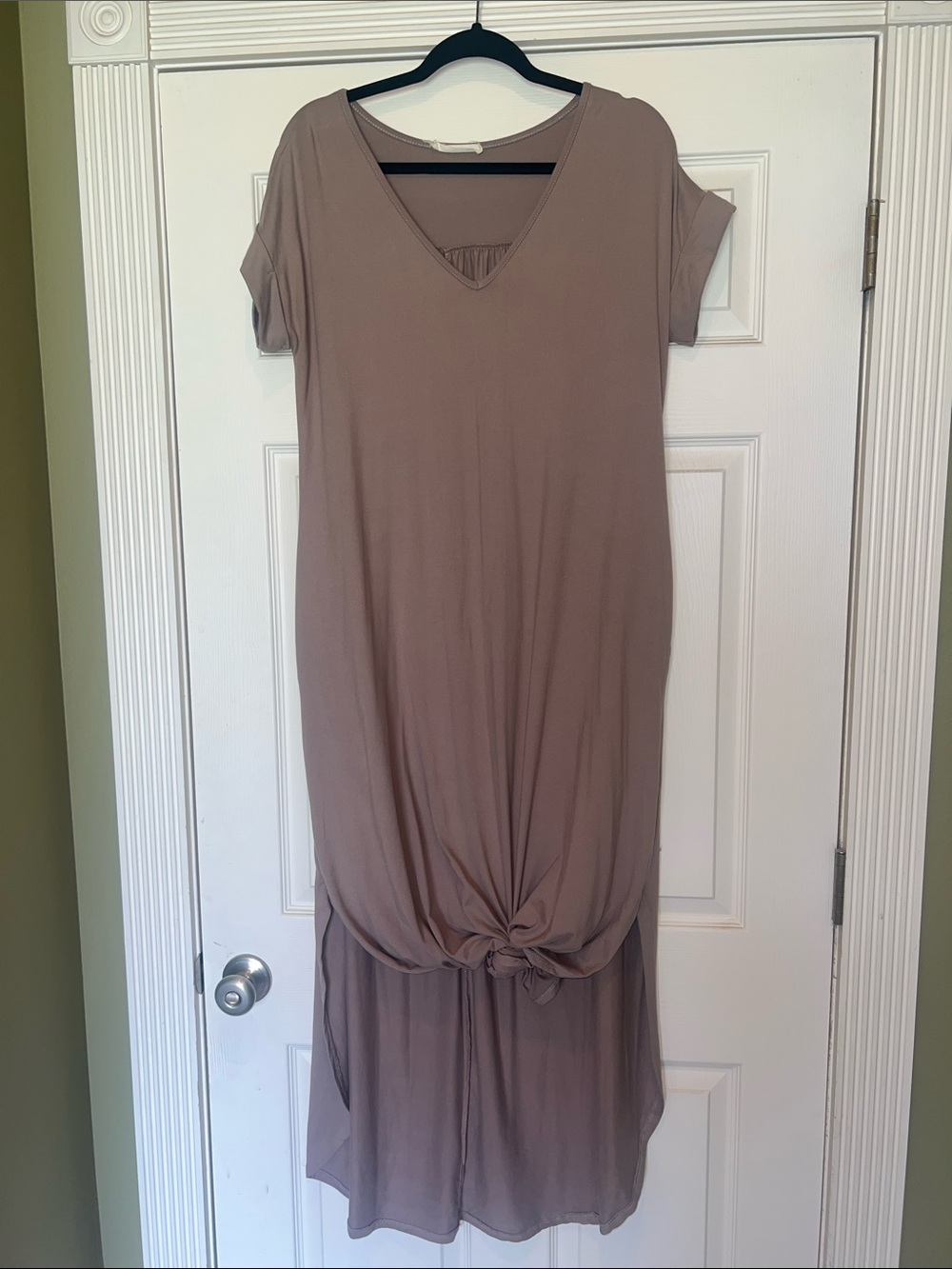 Entro V-Neck Knot Hem Maxi Dress in Taupe.
